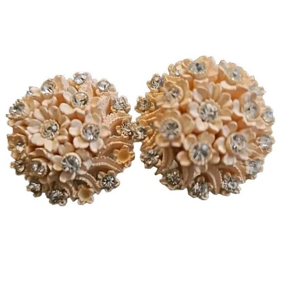 1950's Vintage Celluloid Rhinestone Daisy Floral Bouquet Bridal Clip Earrings 1" - Picture 2 of 13